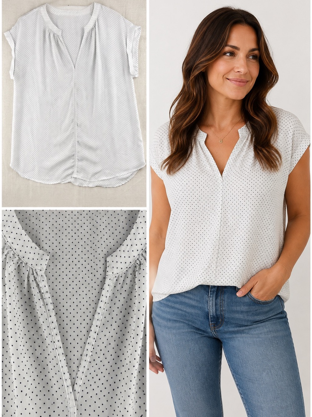 Philosophy Womens Shirt Semi Sheer Split V Neck Polka Dots White Black Layer M
